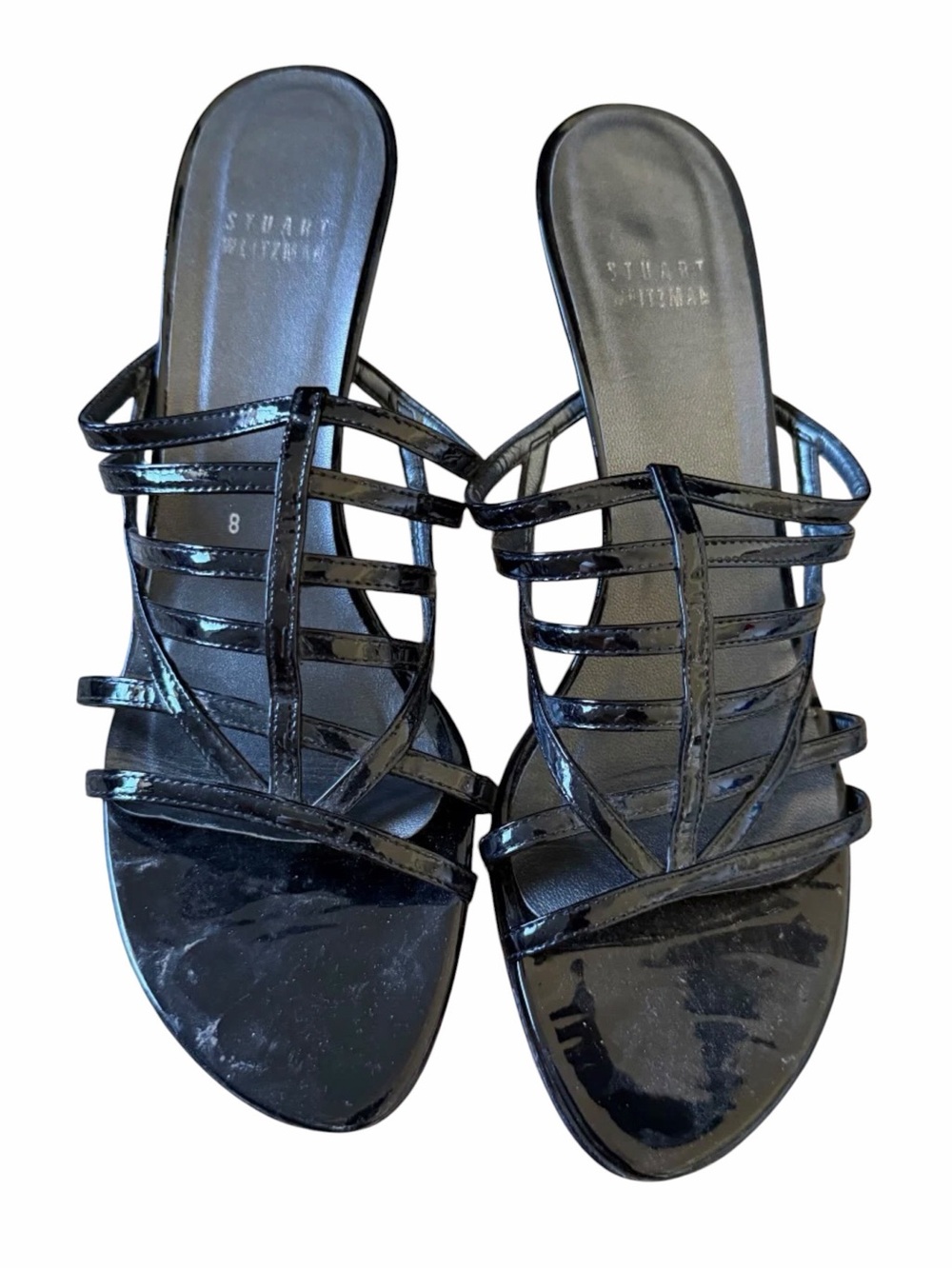 Stuart Weitzman 90s Carcel Black Patent Leather Strappy Kitten Heels Sandals - Picture 1 of 6